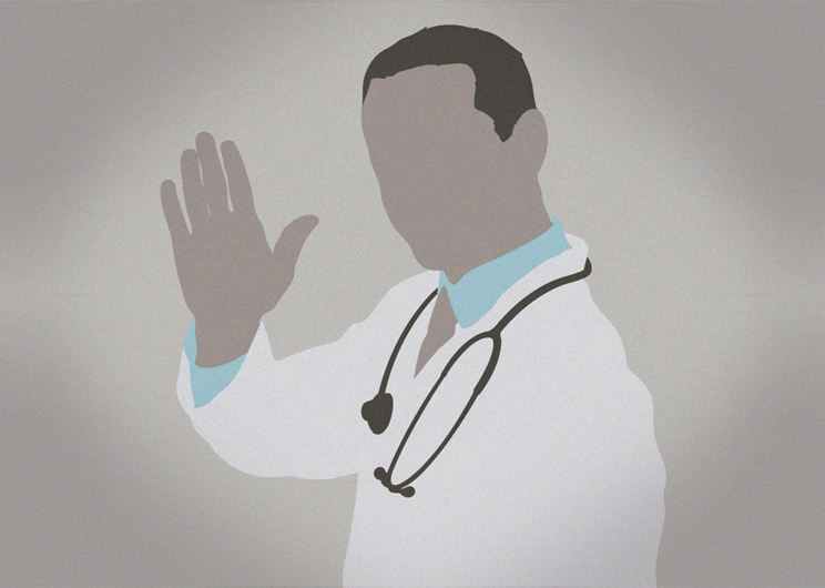 Doctor in white coat and stethescope around neck waving with one hand